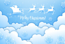 Christmas Paper Cut Santa Sleigh Silhouette In Blue Sky Clouds. Winter Holiday, Christmas Celebration Paper Cut Or Vector Background. New Year And Xmas Wallpaper Or Backdrop With Santa Reindeer Sleigh
