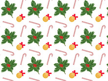 Christmas Seamless Pattern. Green Holly Branch With Leaves And Red Berries On A White Background. Golden New Year's Ball With A Red Bow And A Christmas Red Candy Cane With White. Vector Illustration.
