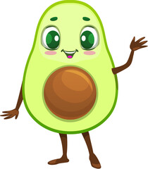 Wall Mural - Cartoon Mexican cheerful avocado character with smile and waving hand, vector emoji or kawaii emoticon. Cute avocado with welcome gesture and half cut seed for kids food personage