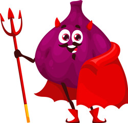 Wall Mural - Cartoon funny Halloween figs fruit character in holiday devil costume. Isolated vector mischievous fig, dressed as an imp or satan, sports a cheeky grin with horns, red cape, boots and pitchfork