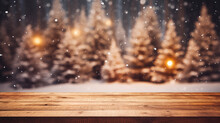 Christmas Trees With Bokeh Light In Snow With Wooden Table And Festive Bokeh At Christmas Time, Generative Ai