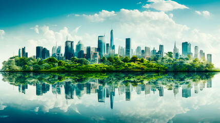 Double exposure of island with green forest lush and modern cityscape,environmental concept, sustainable development