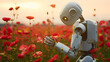 Robot in the poppy field at sunset. Technology and artificial intelligence concept