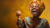 Fototapeta  - mulher africana  com expressão sorridente com sorvete