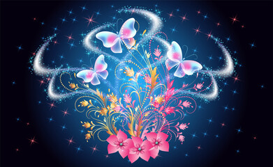 Wall Mural - Fairytale night sky with magical butterflies and floral golden ornament and stars. Fantasy sparkle background.