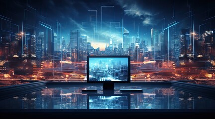 Poster - computer with desk in dark room with blue lighting. Technology education