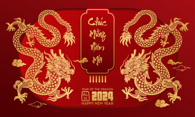 Lunar New Year themed paper graphic with oriental peach blossoms and 2024 dragon (Translation : Happy new year )	