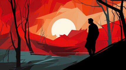 Sticker - A man standing in front of a red sunset in the woods, AI