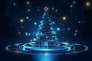 Wall Mural - Christmas tree in futuristic technology on blue light background.