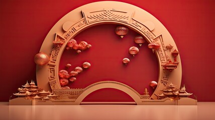 Wall Mural - Inside the red colored Chinese hall and palace background for Chinese new year festival decoration.