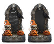 funny scary happy halloween themed blackboard, with pumpkins and crow, isolated on white background - post-processed generative AI
