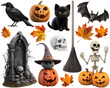funny scary halloween clip art attributes, like black cat, crow, pumpkin, tombstone, skull, bat and broom, isolated on white background - post-processed generative AI