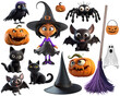 cute funny halloween decoration clip art elements, like witch, black cat, bat, pumpkin and ghost, isolated on white background - post-processed generative AI
