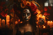 Close-up portrait of woman with skull face makeup with candles in the background. Catrina makeup, dia de muertos. Day of the dead festival in Mexico. 