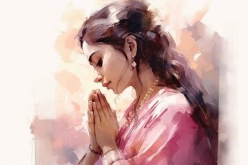 Wall Mural - Indian woman in pink sari cloth praying, greeting diwali watercolour