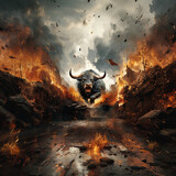 Angry aggressive fire bull is running. AI generation..
