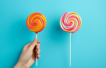 Photo of a hand holding a colourful lollipop next to another lollipop on a vibrant blue background created with Generative AI technology