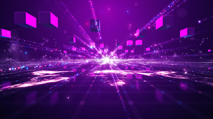 Aufkleber - Decentralized digital technology concept of blockchain. Small particle square boxes connecting abstract world map polygons on a dark pink background. 3d rendering.