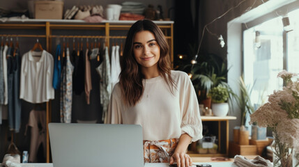 Wall Mural - Beautiful woman clothing store owner standing at her shop for selling clothes to customers, Startup small business SME.