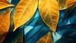 31. Extreme close-up of abstract blurred autumn leaves, deep teal and goldenrod hues, in the style of gradient blurred wallpapers, depth of field, serene visuals, minimalistic simplicity, close-up, mi