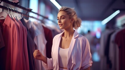 Canvas Print - Happy young woman choose buying new clothes in store. Shopping, Fashion, Lifestyle.