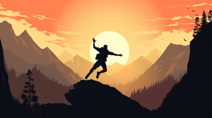 Wall Mural - silhouette of mountain climber with a backpack and a cliff. concept of sport, adventure and active life