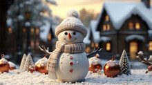 petit bonhomme de neige avec bonnet et écharpe dans un décor extérieur enneigé de noël 
