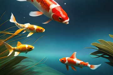 a closeup view of Koi Fish, in clean and clear water ,with lumenious view