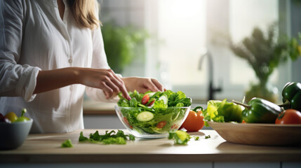 Young woman preparing vegetable salad in modern kitchen, generative ai