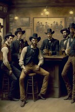 Gang Of Outlaws In A Wild West Saloon In 1876 Full Color Watercolor Painting 
