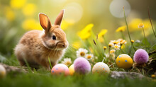 Happy Easter, Easter Bunny And Colorful Eggs.