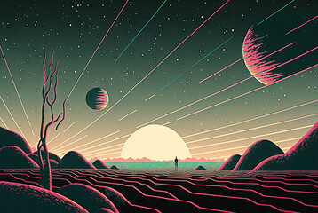 Wall Mural - Retro styled sci-fi landscape with mountains. Retro futuristic science fiction illustration in drawing style with alien sun.