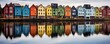 Colorful row of homes on a lake. Reflection of houses in the water. Old buildings in Europe. Architectural landscape, Generative AI
