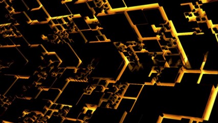 Poster - Moving space with cyber square pattern. Design. Neon pattern with squares in moving tunnel on black background. Square neon pattern with black tunnel