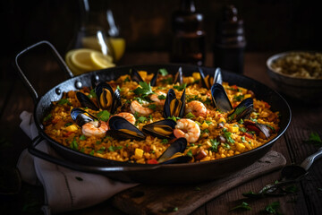 Delectable and savory seafood paella. AI Generated