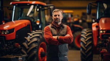 A tractor salesman standing in a factory and guaranteeing parts and service of agricultural machinery. Daylight on a telephoto lens