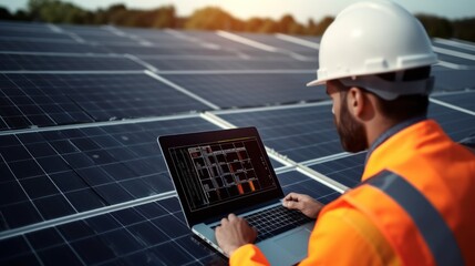 Wall Mural - installing solar panels for sustainable energy electrical engineer holds laptop computer with solar 