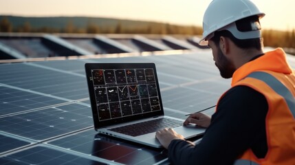Wall Mural - installing solar panels for sustainable energy electrical engineer holds laptop computer with solar 