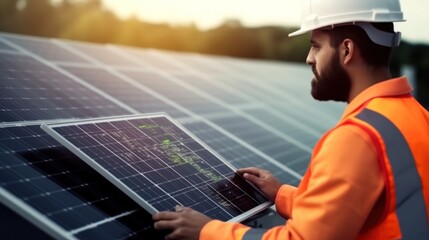 Installing solar panels for sustainable energy Electrical engineer holds laptop computer with solar panel and checks performance