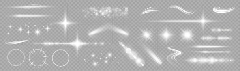 Wall Mural - set of isolated white transparent light effects, glare, explosion, sparkle, dust, line, solar flare,