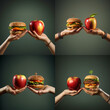 choice between healthy eating and gluttony, one hand is holding a hamburger, the other hand is holding an apple