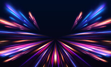 Neon Stripes In The Form Of Drill, Turns And Swirl. Speed Of Light Concept Background. Abstract Background Rotational Border Lines. 