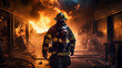 Brave Firefighter in Smoke.  Dramatic Firefighting Scene