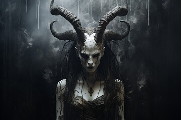 Wall Mural - Horror, fantasy, sci-fi, culture and religion, make-up concept. Evil and demonic looking woman with horns and make-up horror and fantasy portrait. Dark moody background. Generative AI