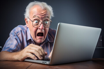 Technology and lifestyles concept. Close-up portrait of old man with surprised face looking and trying to work with computer. Generative AI