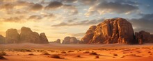 Wide Angle View Of A Generic Rocky Mountains Of Al Ula Desert Saudi Arabia Touristic Destination At The Golden Hour Sunset With Copyspace Area, Generative AI