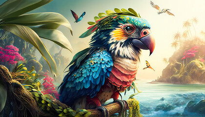 Wall Mural - Spectacular Tropical Dreamlike Avian.  Marvelous Unearthly Bird. Generative AI