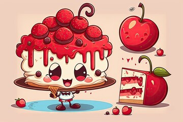 Wall Mural - Cartoon strawberry cake with cherries and cherries