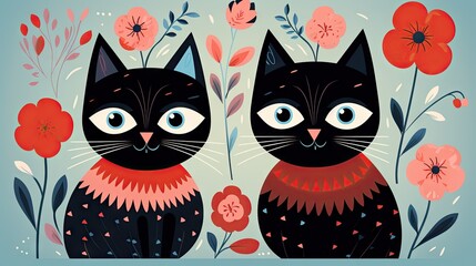 Sticker -  a couple of cats sitting next to each other on a blue background.  generative ai