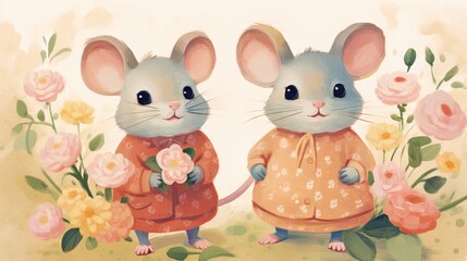 Poster -  a painting of two mouses standing next to each other.  generative ai